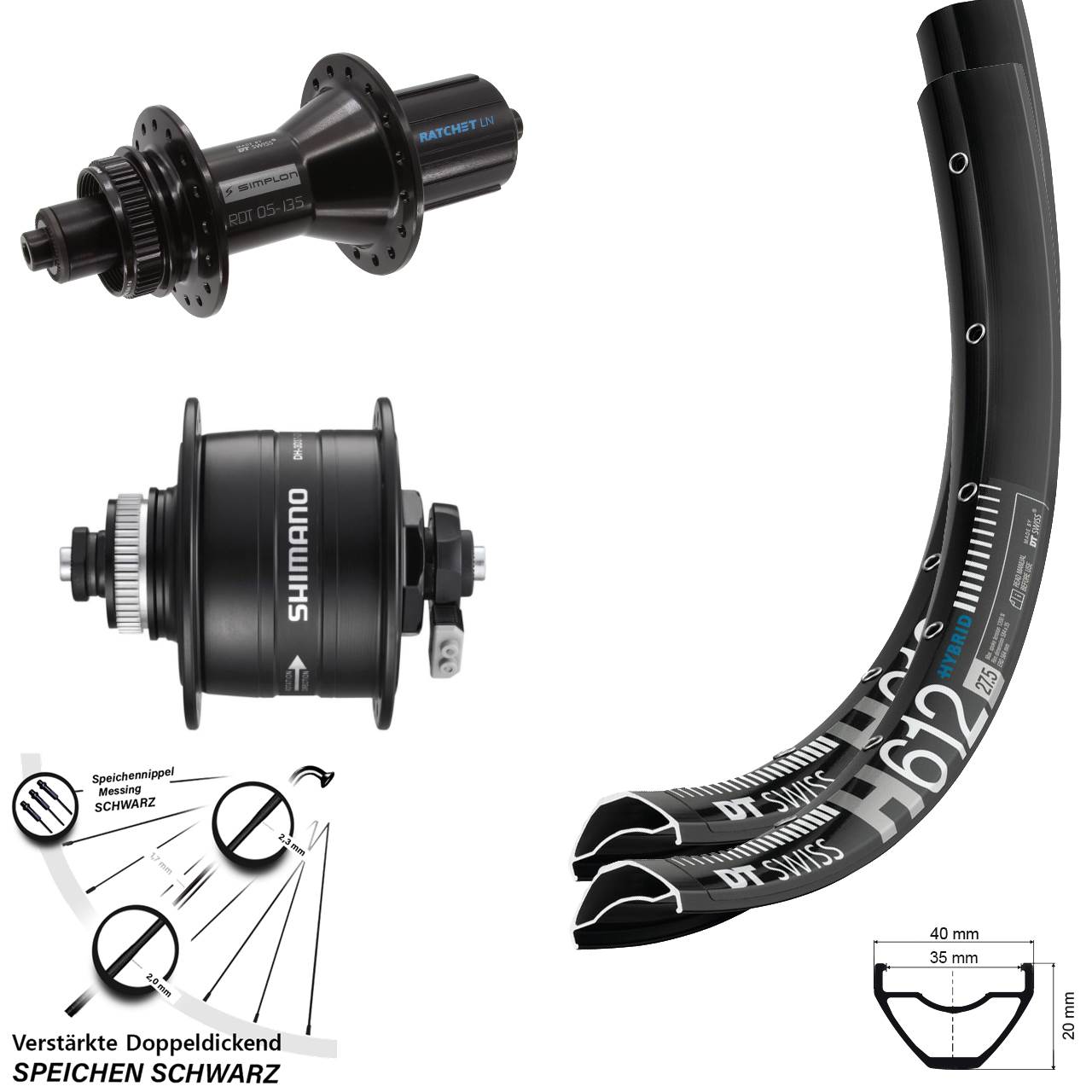 27,5 Zoll DT Swiss H612 370 Hybrid Shimano DH-3D37 Disc Laufrad-Satz QR 8-11 fach