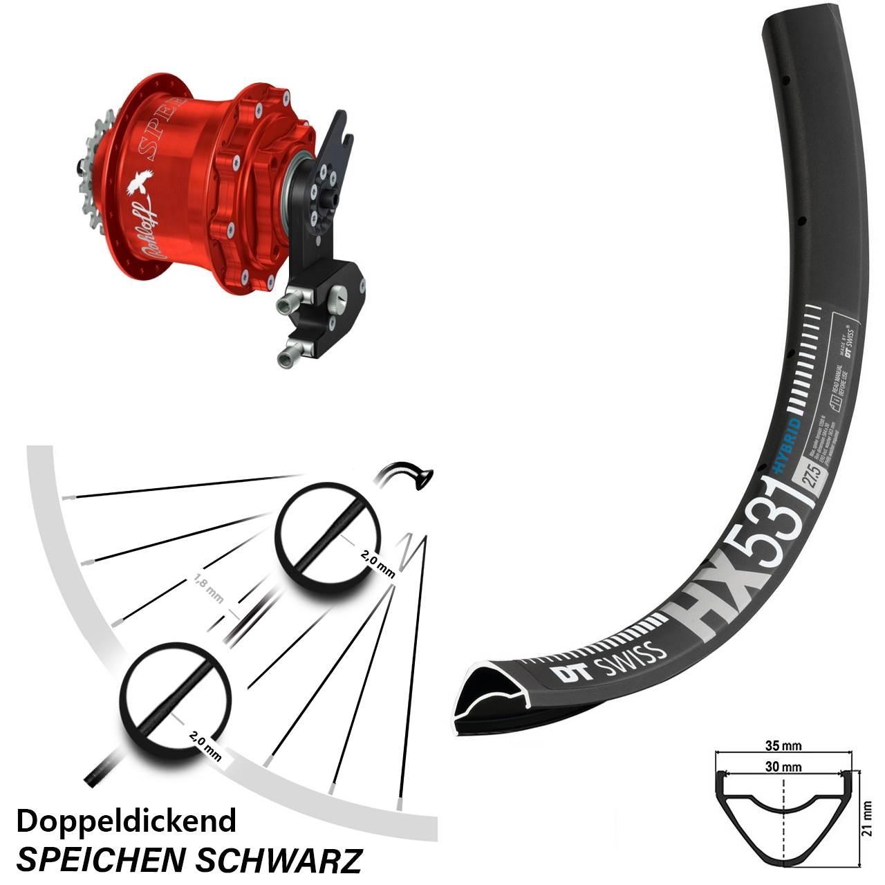 29 Zoll DT Swiss HX 531 Rohloff 500/14 CC DB OEM2 Tandem rot
