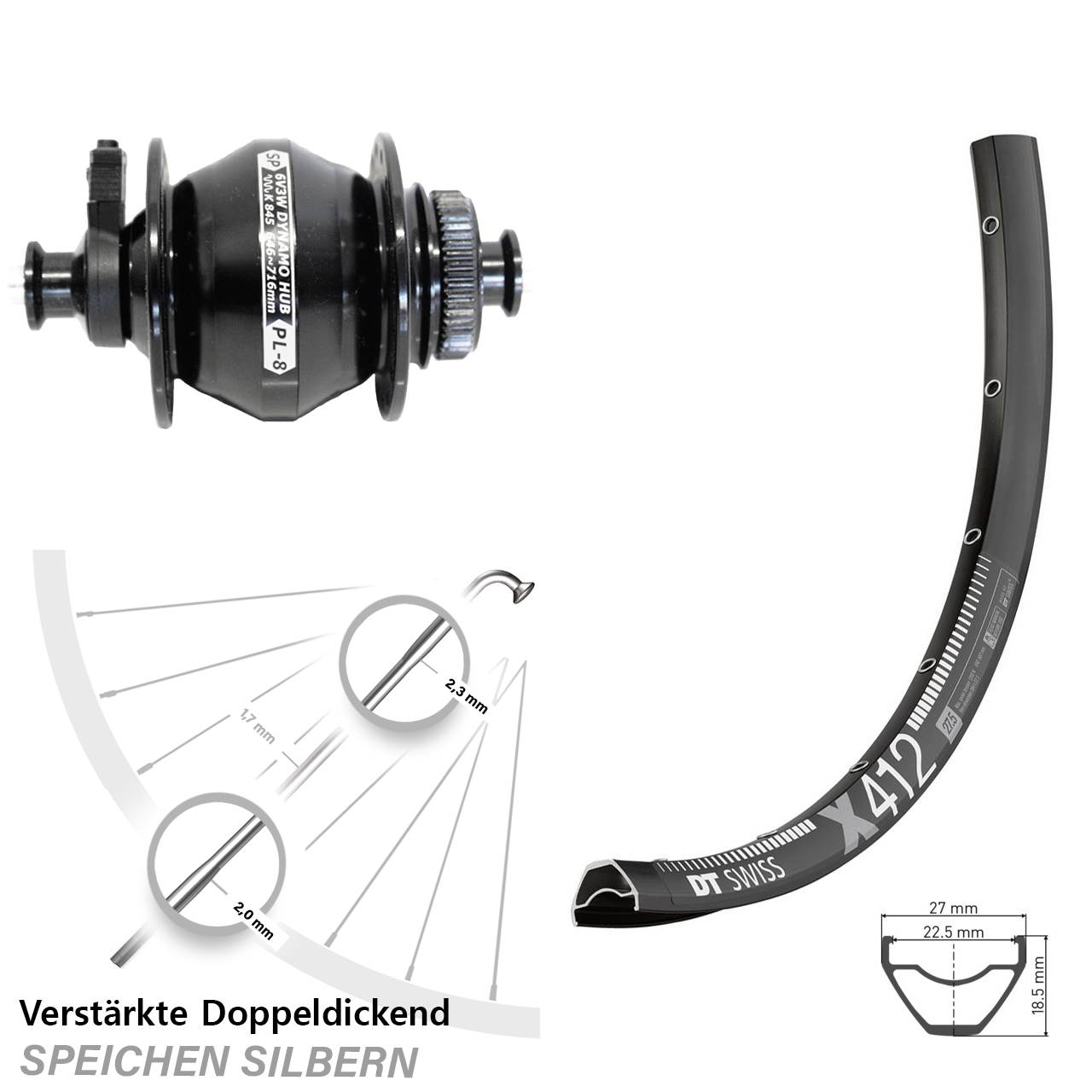 Disc 29 Zoll Vorderrad mit Nabendynamo QR DT Swiss X412 Shutter Precision PL-8