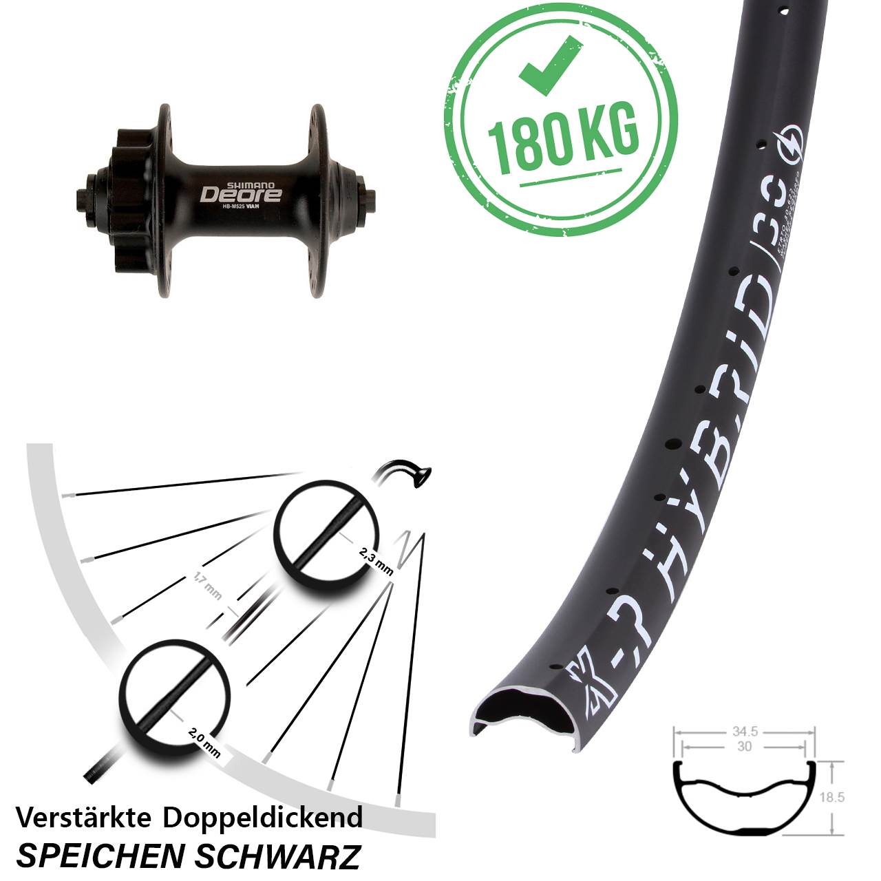 Vorderrad 6-Loch 29 Zoll KX-R Hybrid 30 Shimano Deore für Schnellspanner