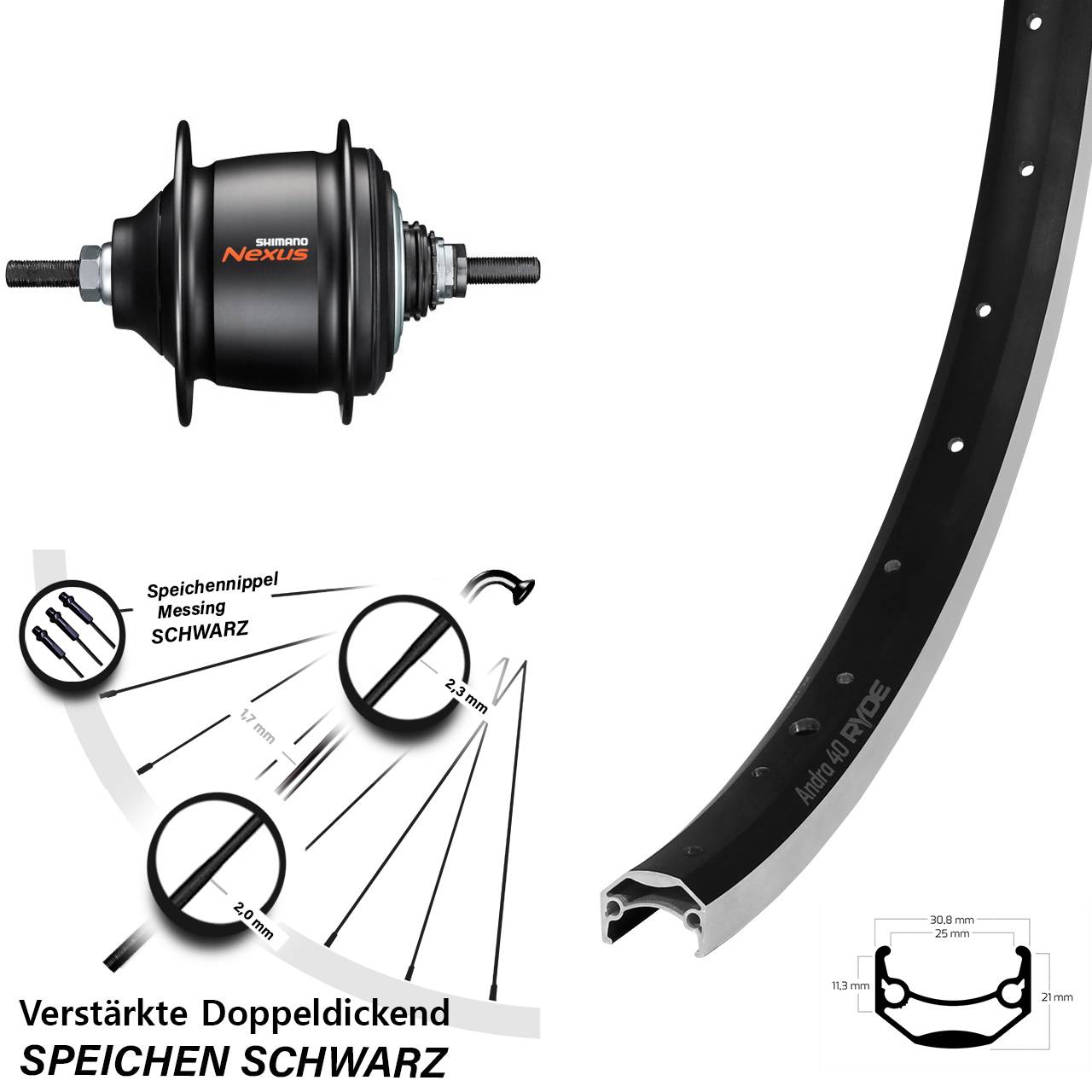 Hinterrad 20 Zoll Ryde Andra 40 Shimano Nexus 8 Gang Freilauf schwarz