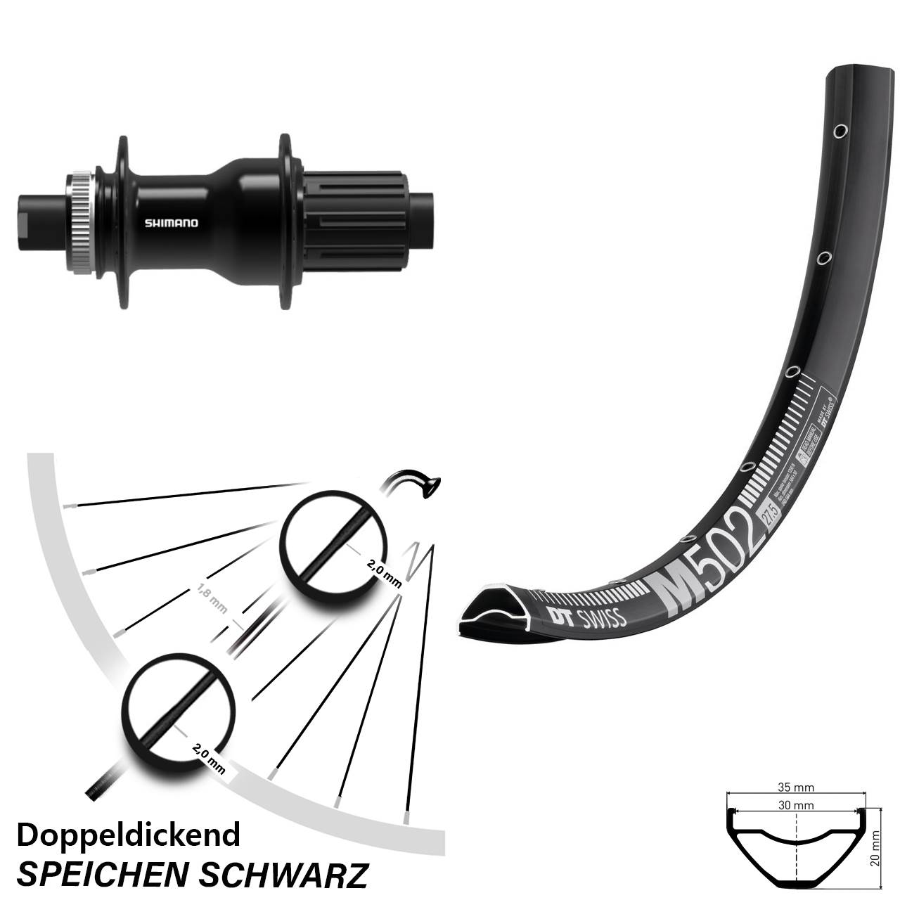 29 Zoll DT Swiss M502 Shimano FH-TC500-B Disc Hinterrad 12x148 8-11 fach HG