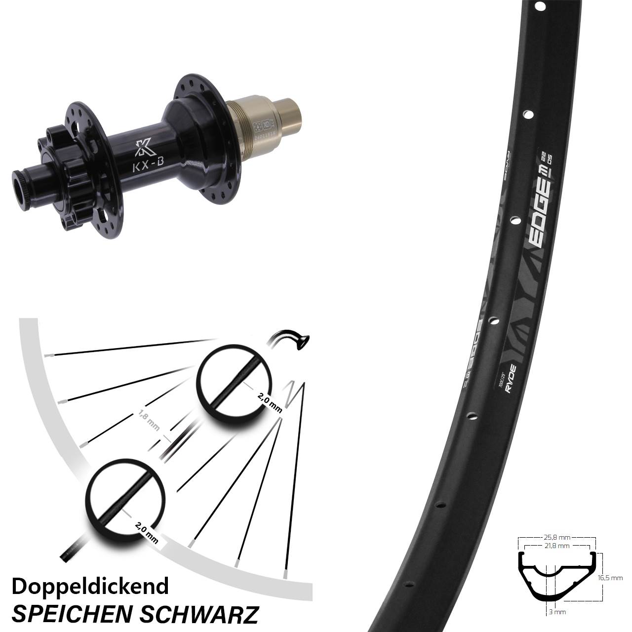 6-Loch Hinterrad 28 Zoll Ryde Edge M22 OS KX-B SRAM XD 12x148