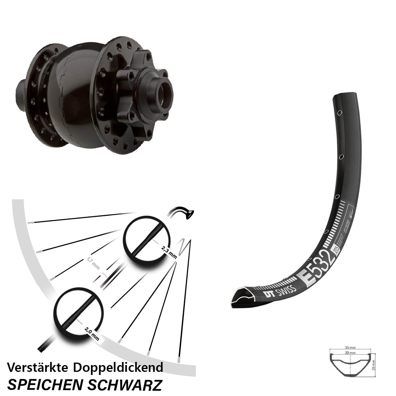 Nabendynamovorderrad 6-Loch 15x100 29 Zoll DT Swiss E 532 SON 28