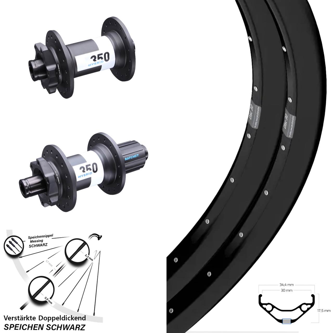 6-Loch Laufradsatz 15x110 12x148 29 Zoll Ryde Disc 30 DT Swiss 350 Hybrid 8-11 fach HG