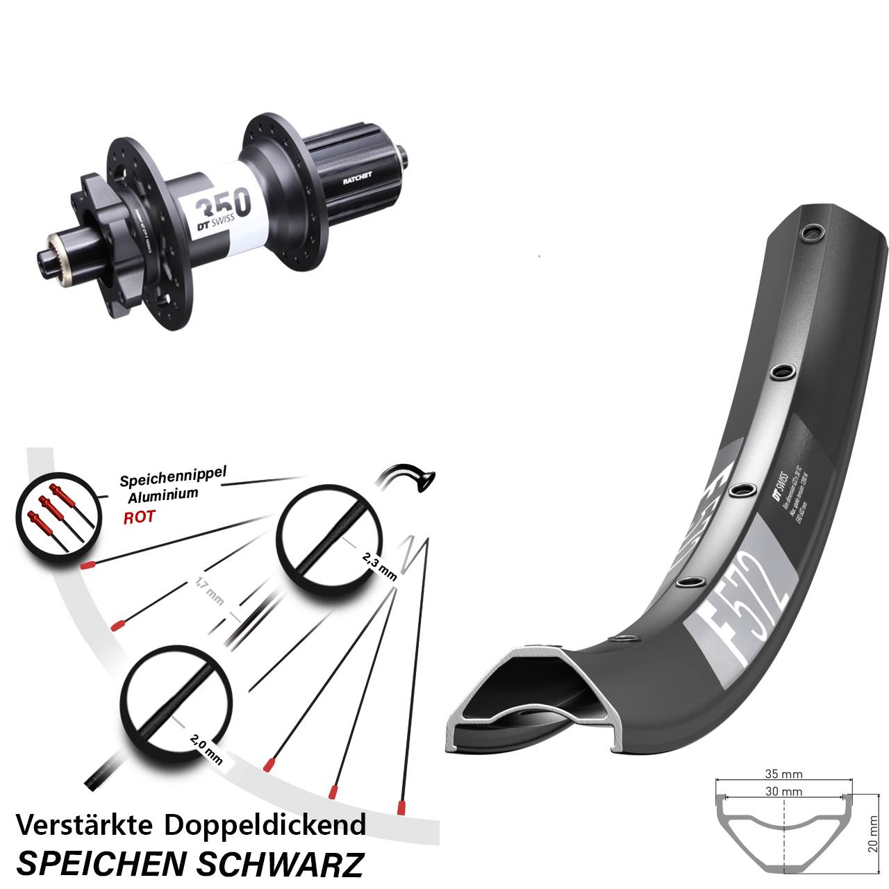 29 Zoll DT Swiss F 572-350 Ratchet 36 Disc Hinterrad für Schnellspanner Boost 8-11 fach