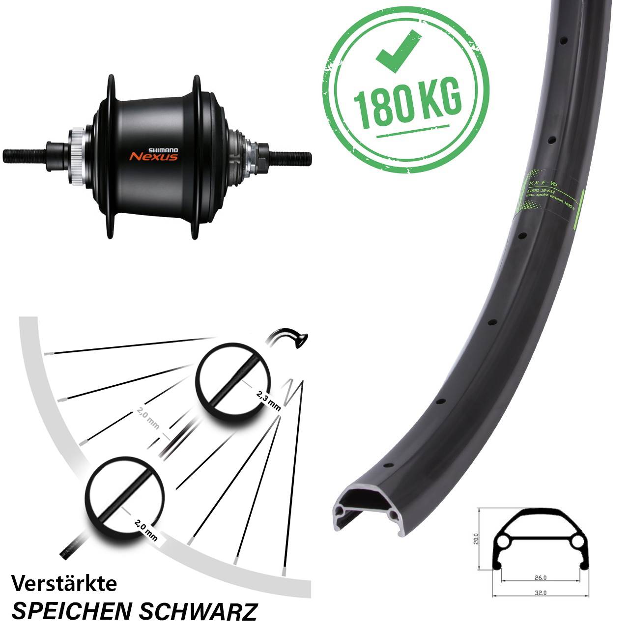 26 Zoll Hinterrad KX-Evo Shimano 7 Gang Nabenschaltung Disc