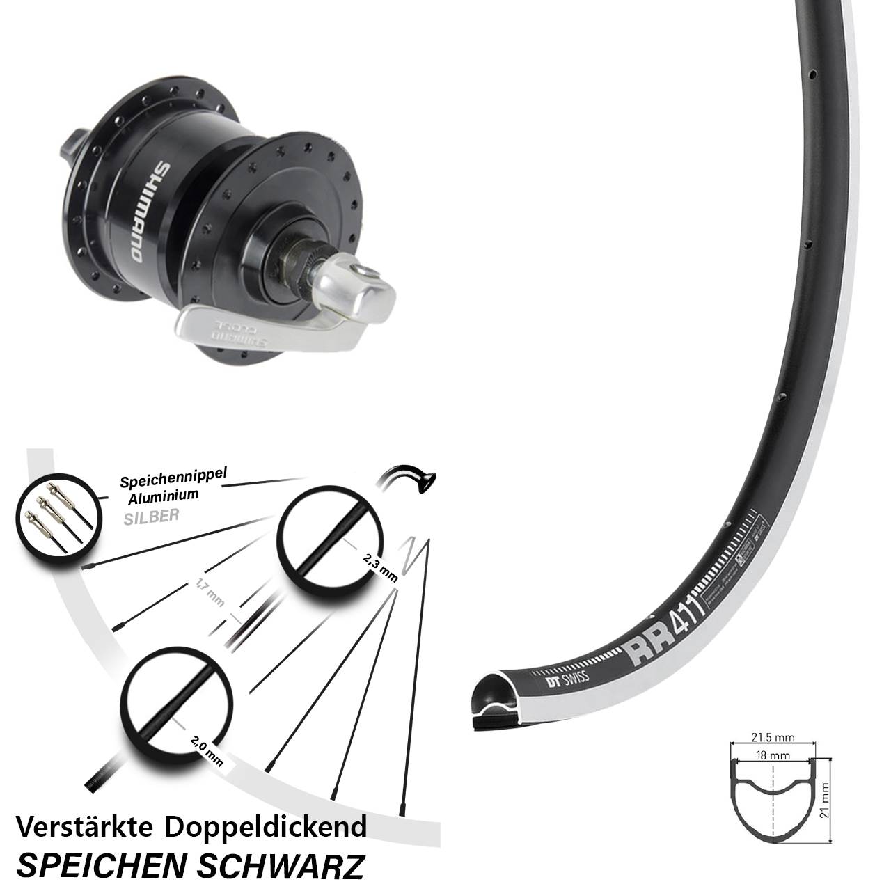 Nabendynamolaufrad QR 28 Zoll DT Swiss RR 411 Shimano DH-3N72