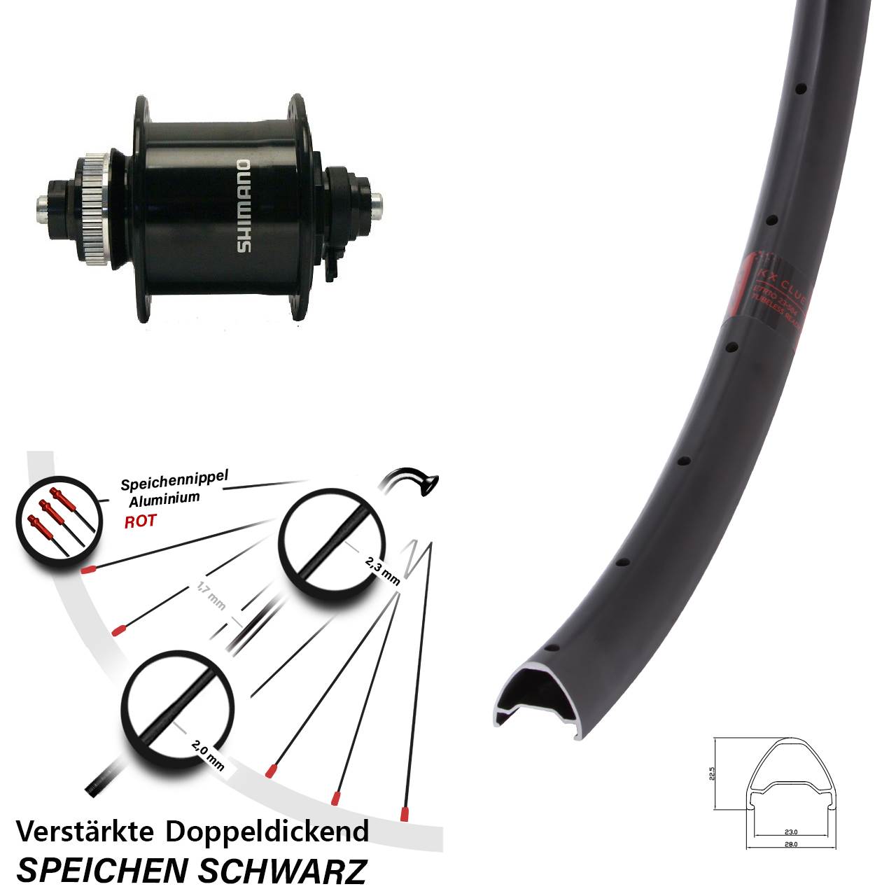 Nabendynamovorderrad Centerlock für Schnellspanner 26 Zoll KX Clue Shimano DH-UR700-3D
