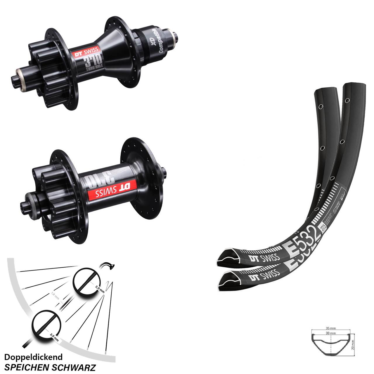DT Swiss E 532-370 29 Zoll Disc Laufrad-Satz für Schnellspanner SRAM XD