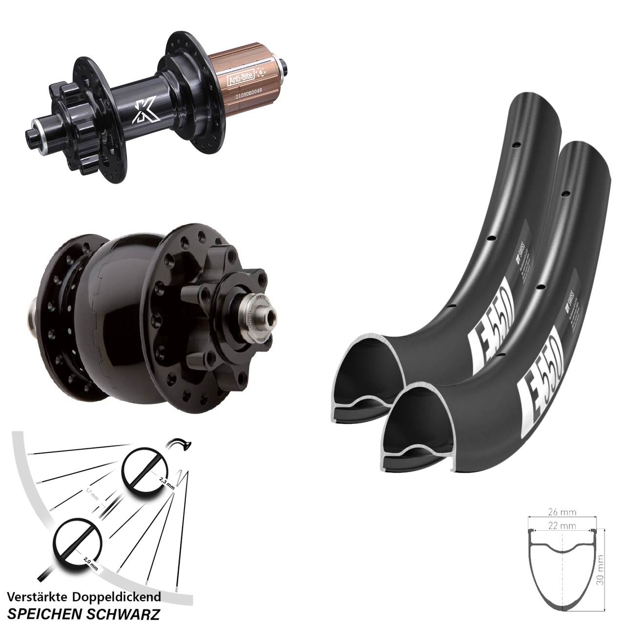 Laufradsatz SON 28 Disc 6-Loch Zoll DT Swiss E 550 KX-M 8-12 fach für Schnellspanner