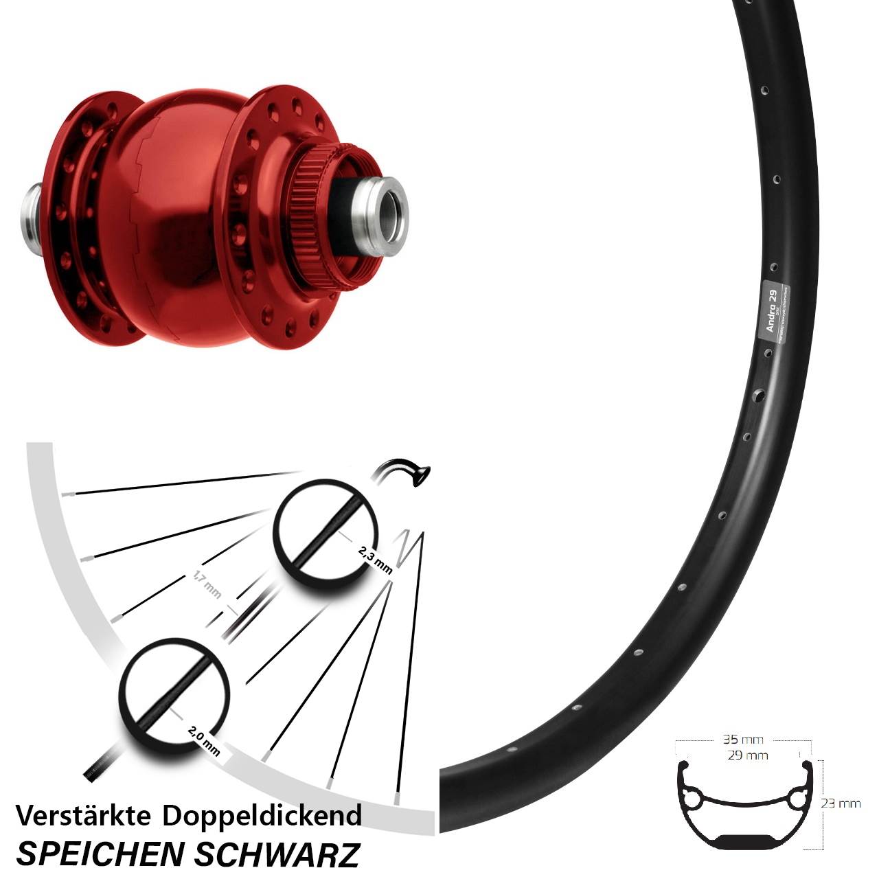 29 Zoll Ryde Andra 29 SON 28 rot Dynamo-Vorderrad Centerlock 12x100