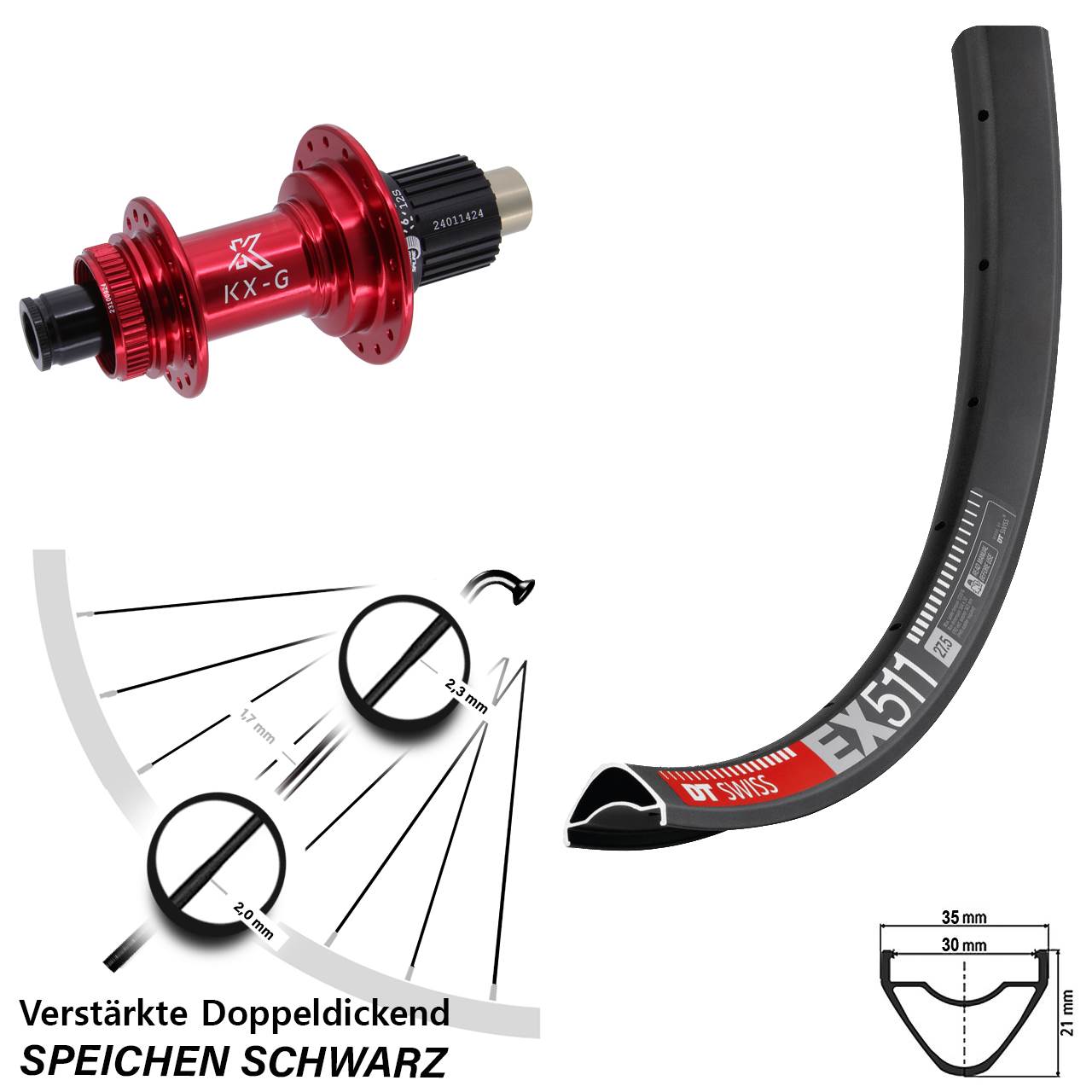 Hinterrad Centerlock 29 Zoll DT Swiss EX 511 KX-G rot Micro Spline 12x142