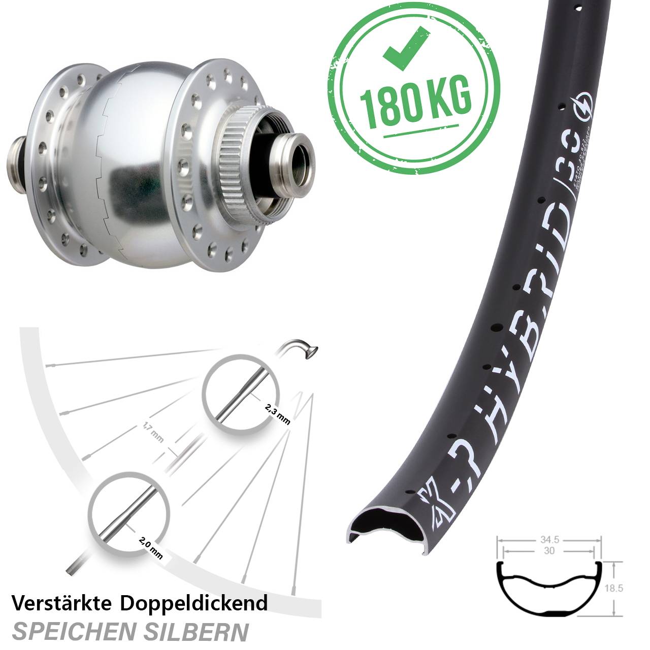 29 Zoll KX-R Hybrid 30 SON 28 silbern Dynamo-Vorderrad Centerlock 12x100