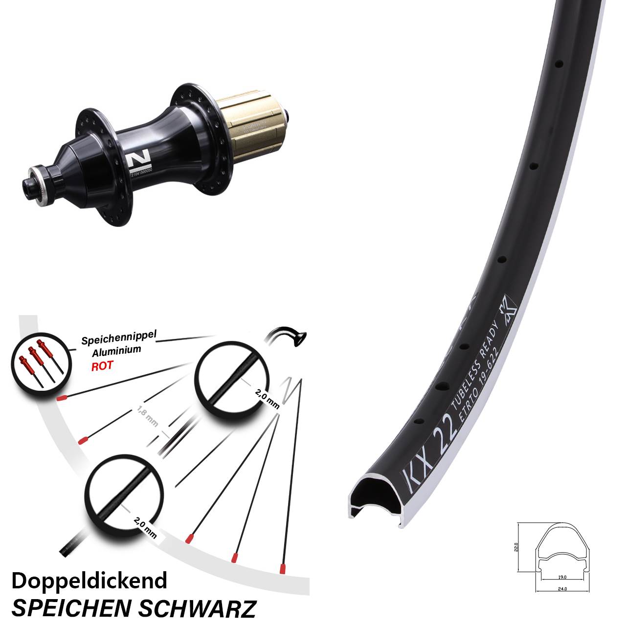 28 Zoll KX 22 Novatec F162SB Laufrad hinten für Schnellspanner 8-12 fach