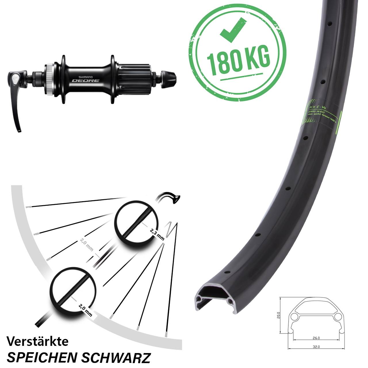 28 Zoll KX Evo Shimano Deore Disc Laufrad für Schnellspanner 8-11 fach HG