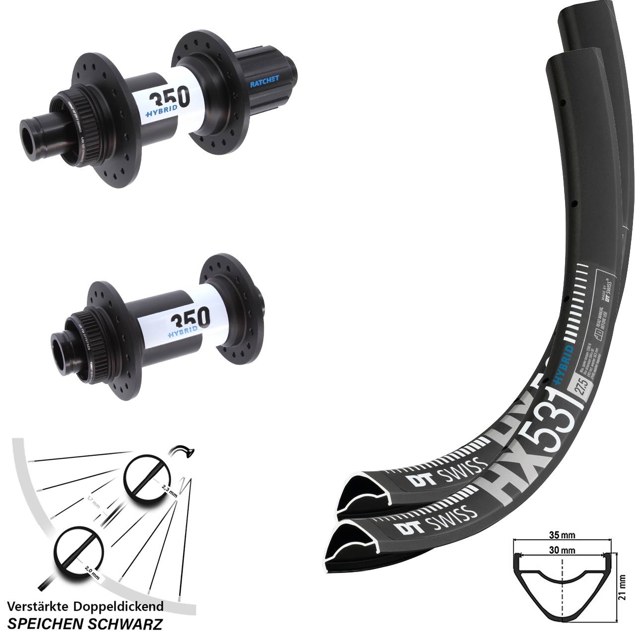 27,5 Zoll HX531 DT Swiss 350 Hybrid Laufradsatz 15x110 12x148 Boost 8-11 fach HG