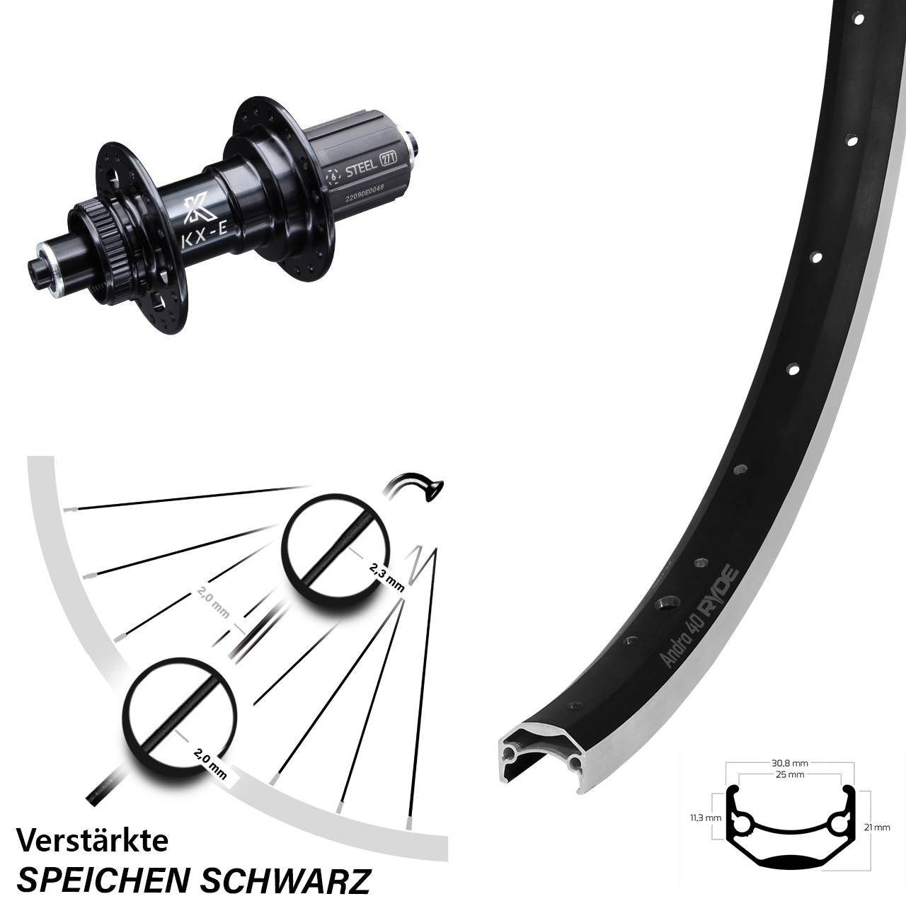 Hinterrad Ryde Andra 40 Felgenbremse KX-E verstärkt 28 Zoll 8-11 fach