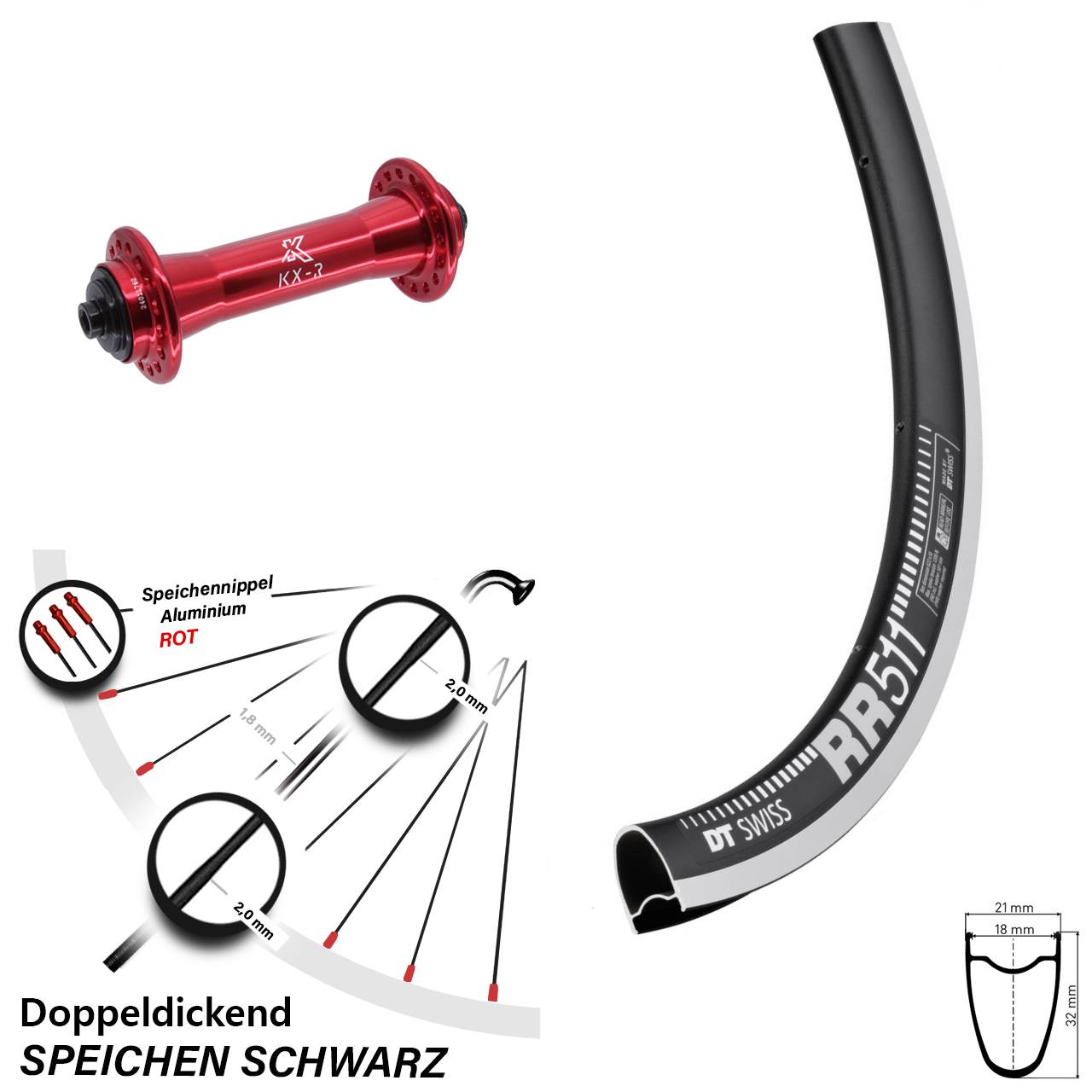 DT Swiss RR 511 KX-R 28 Zoll Vorderrad für Schnellspanner
