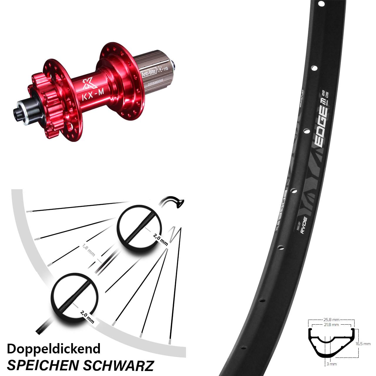 29 Zoll Hinterrad Ryde Edge M22 OS mit KX-M 11-fach 6-loch Nabe rot-eloxiert QR