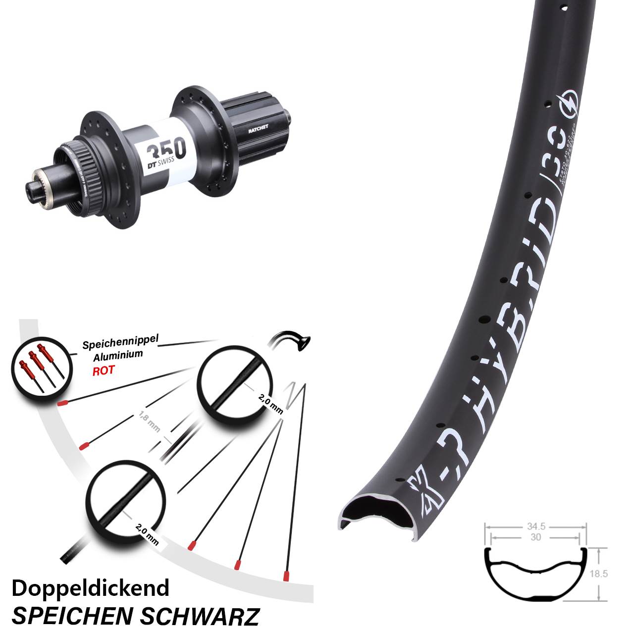 29 Zoll KX-R Hybrid 30 DT Swiss 350 Disc Hinterrad 8-11 fach