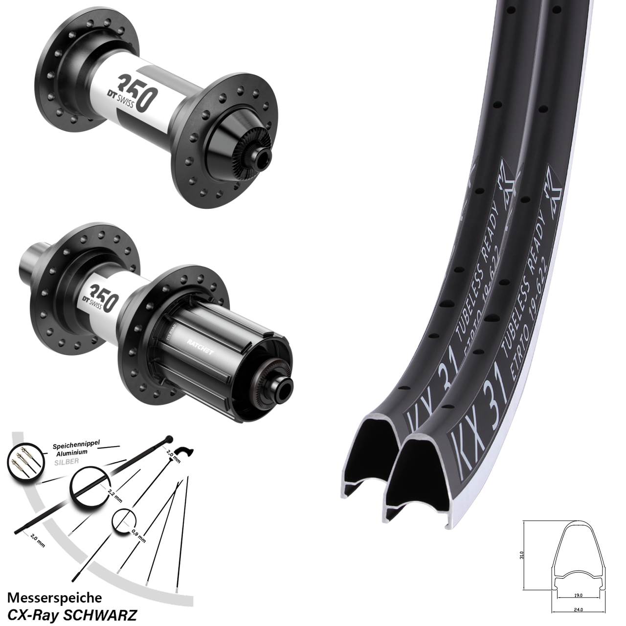 Laufrad-Satz 28 Zoll KX 31 DT Swiss 350 Rennrad Road 11-12 fach HG QR CX-Ray