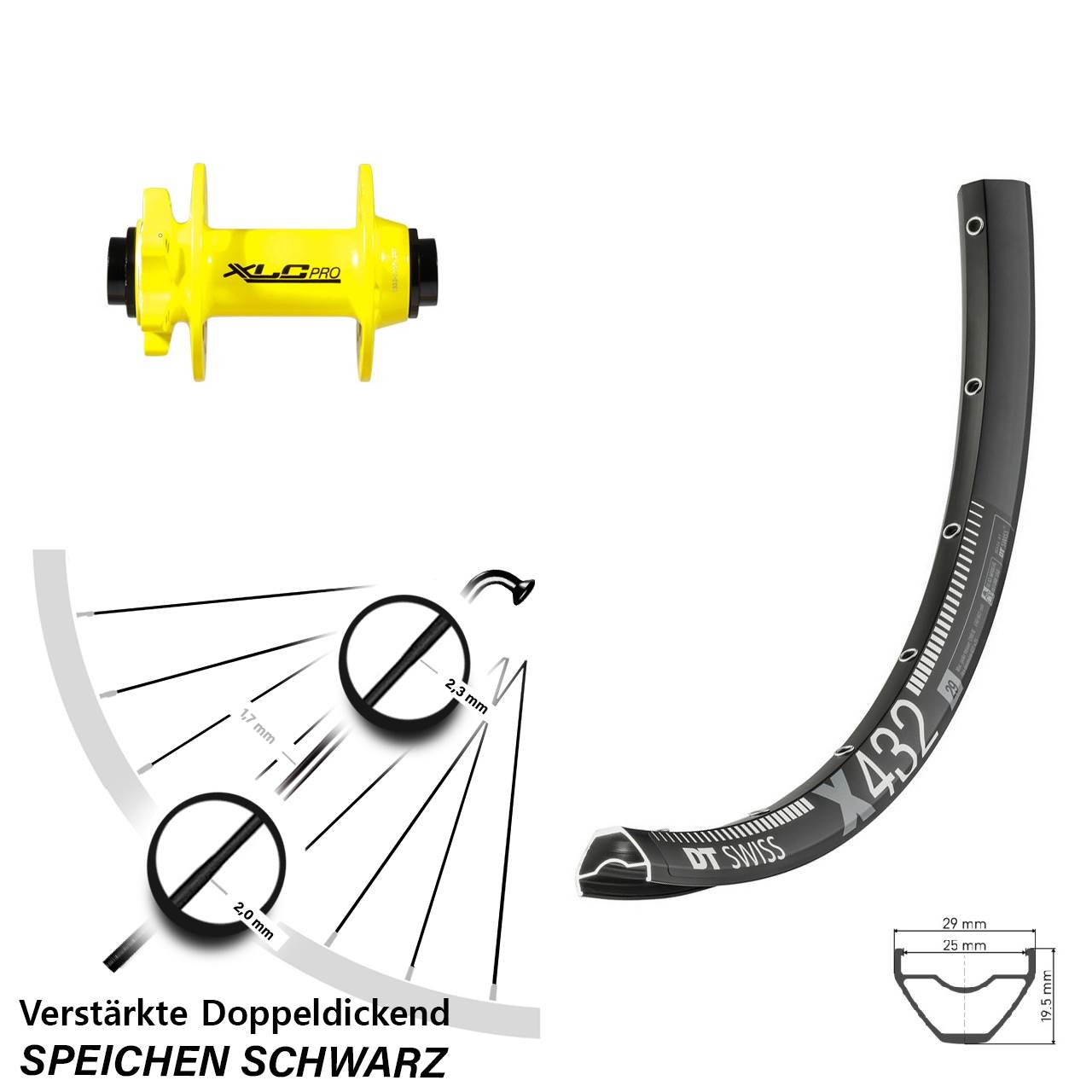 6-Loch Vorderrad 15x100 29 Zoll DT Swiss X 432 XLC Pro gelb