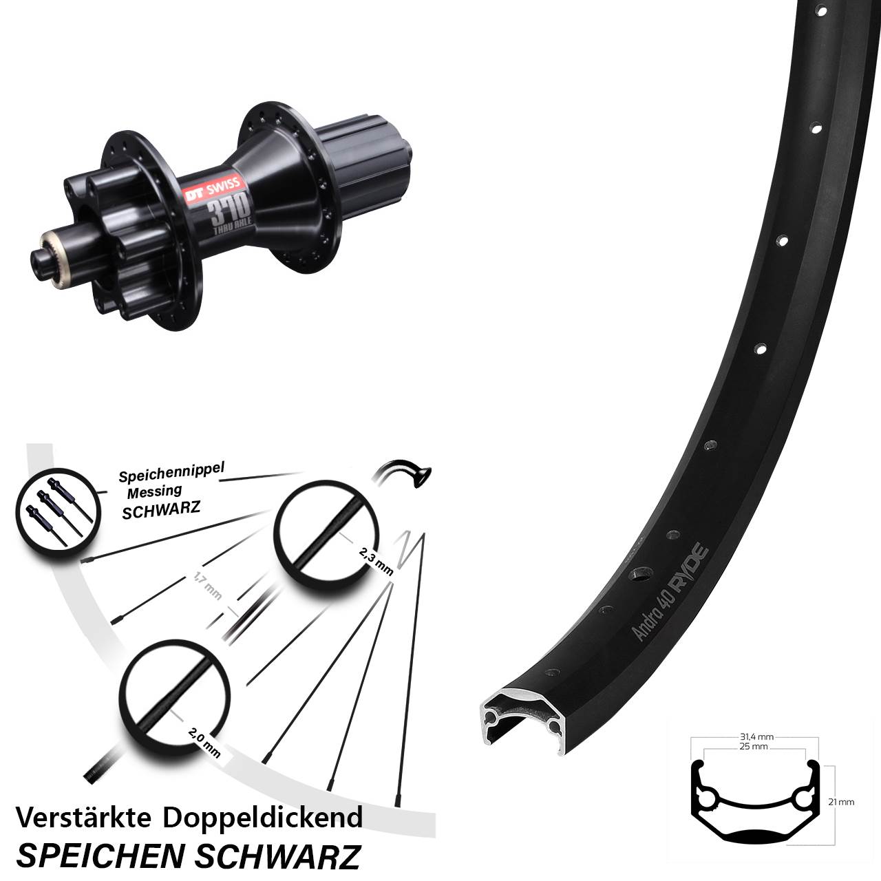 Disc Hinterrad 26 Zoll Ryde Andra 40 DT Swiss 370 Hybrid 8-11 fach HG für Schnellspanner