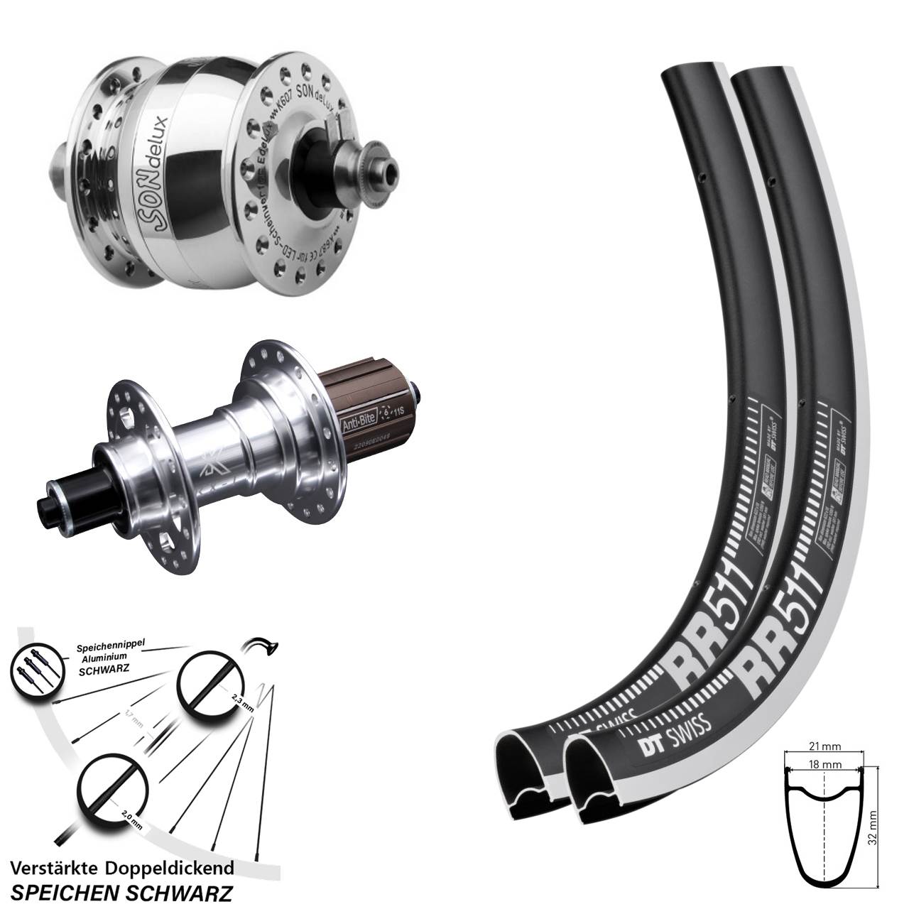 DT Swiss RR 511 KX-T SONdelux poliert 28 Zoll Laufrad-Satz QR 8-12 fach