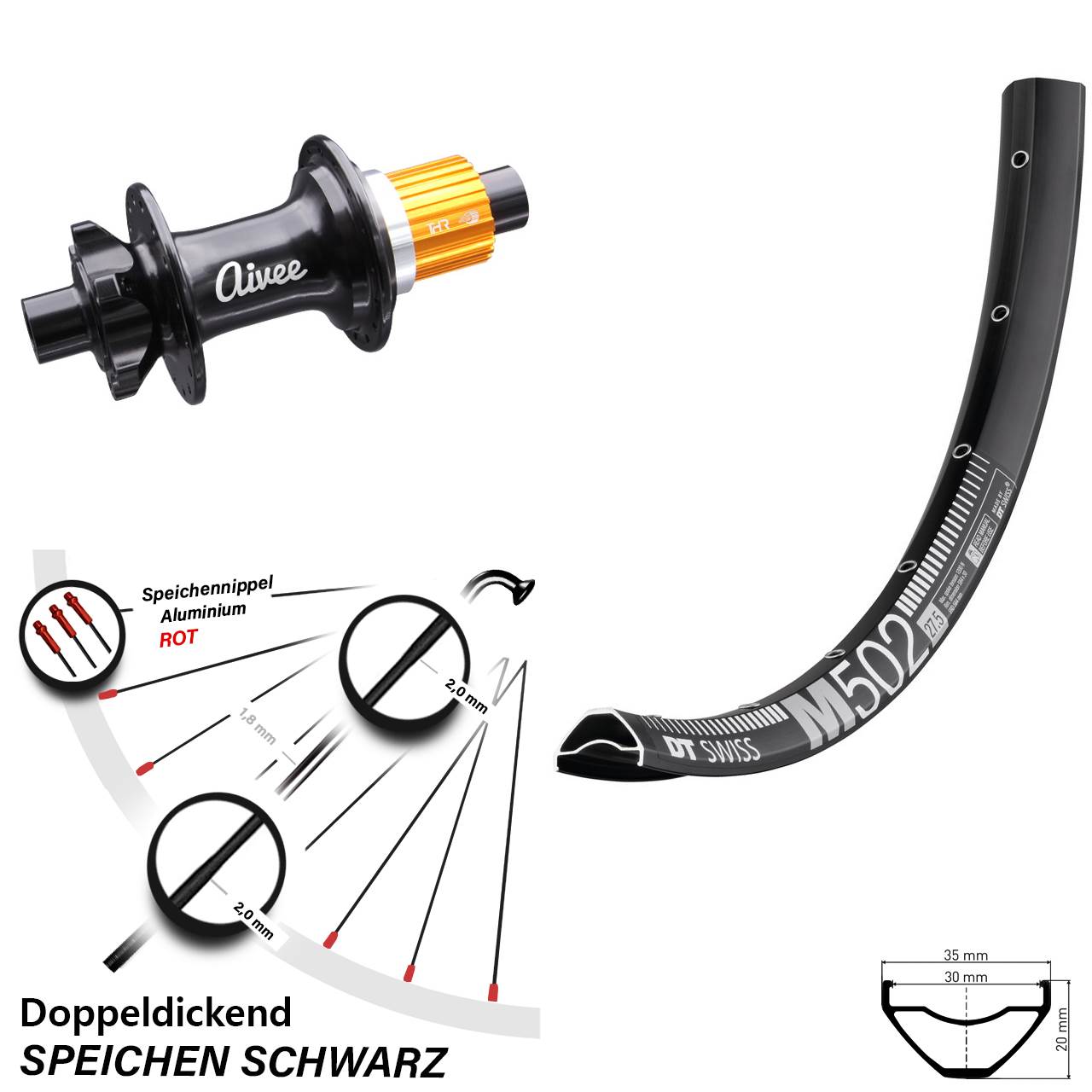 Hinterrad 29 Zoll DT Swiss M 502 Aivee Classic Boost Shimano Micro Spline