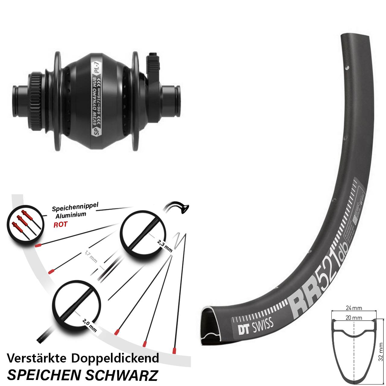 DT Swiss RR 521 Shutter PL-7 28 Zoll Centerlock Dynamovorderrad 12x100