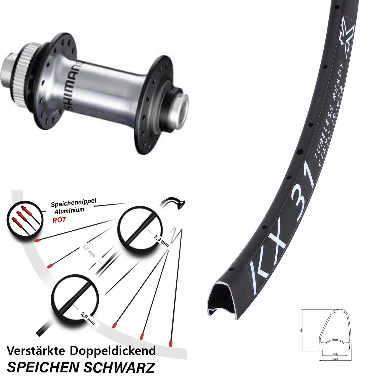 Vorderrad Centerlock 12x100 28 Zoll KX31 OS Shimano HB-RS770