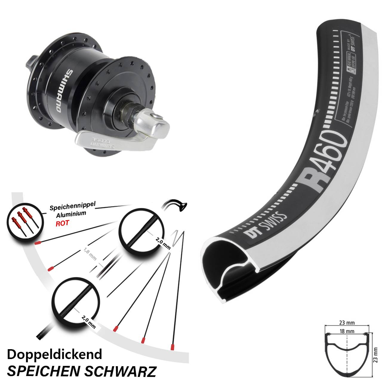 Vorderrad mit Nabendynamo QR 28 Zoll DT Swiss R 460 Shimano DH-3N72