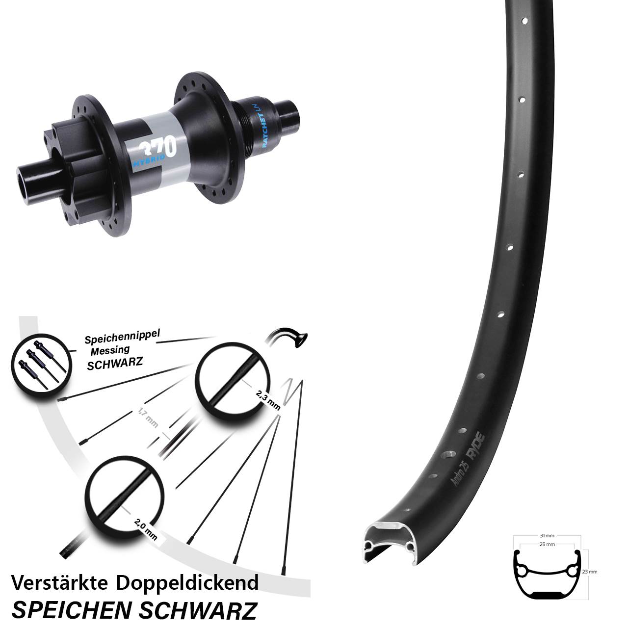 Disc Hinterrad 28-29 Zoll Ryde Andra 25 DT Swiss Hybrid 370 XD 11-12 fach 12x148