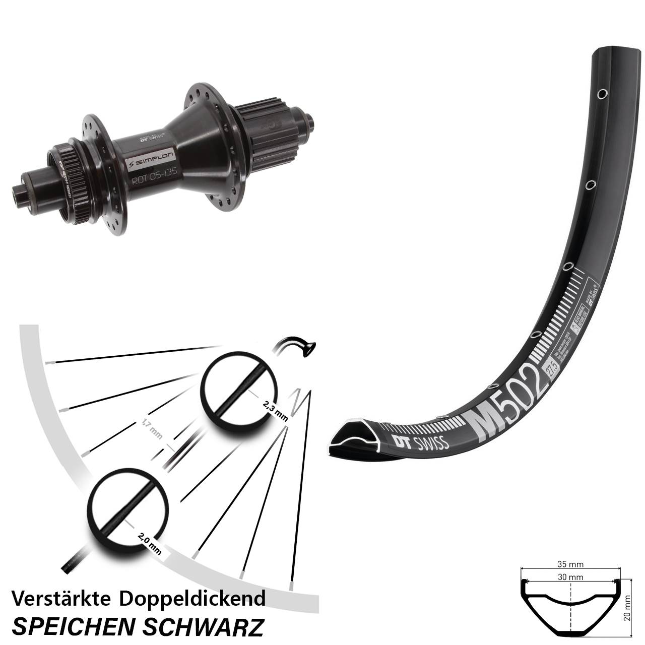 DT Swiss M502-370 Hybrid 27,5 Zoll Disc Hinterrad für Schnellspanner Micro Spline