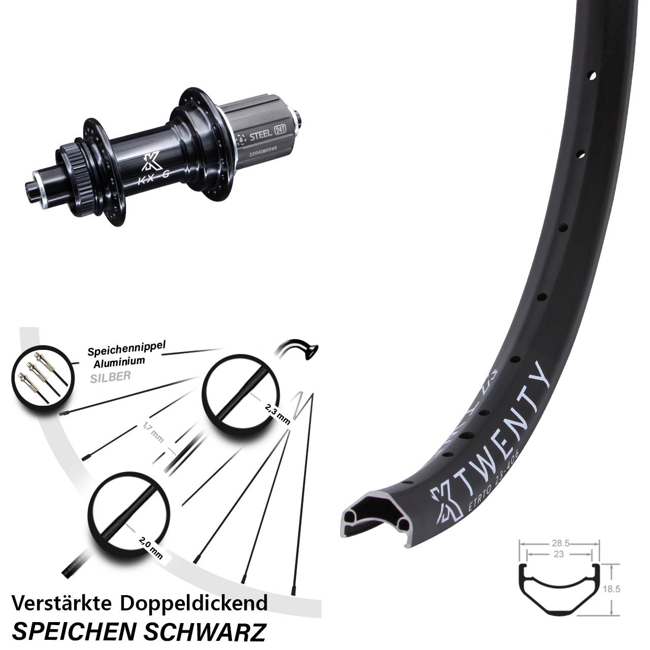 KX-GS Twenty schwarz 5x135 Centerlock Hinterrad 20 Zoll Lastenrad 8-12 fach