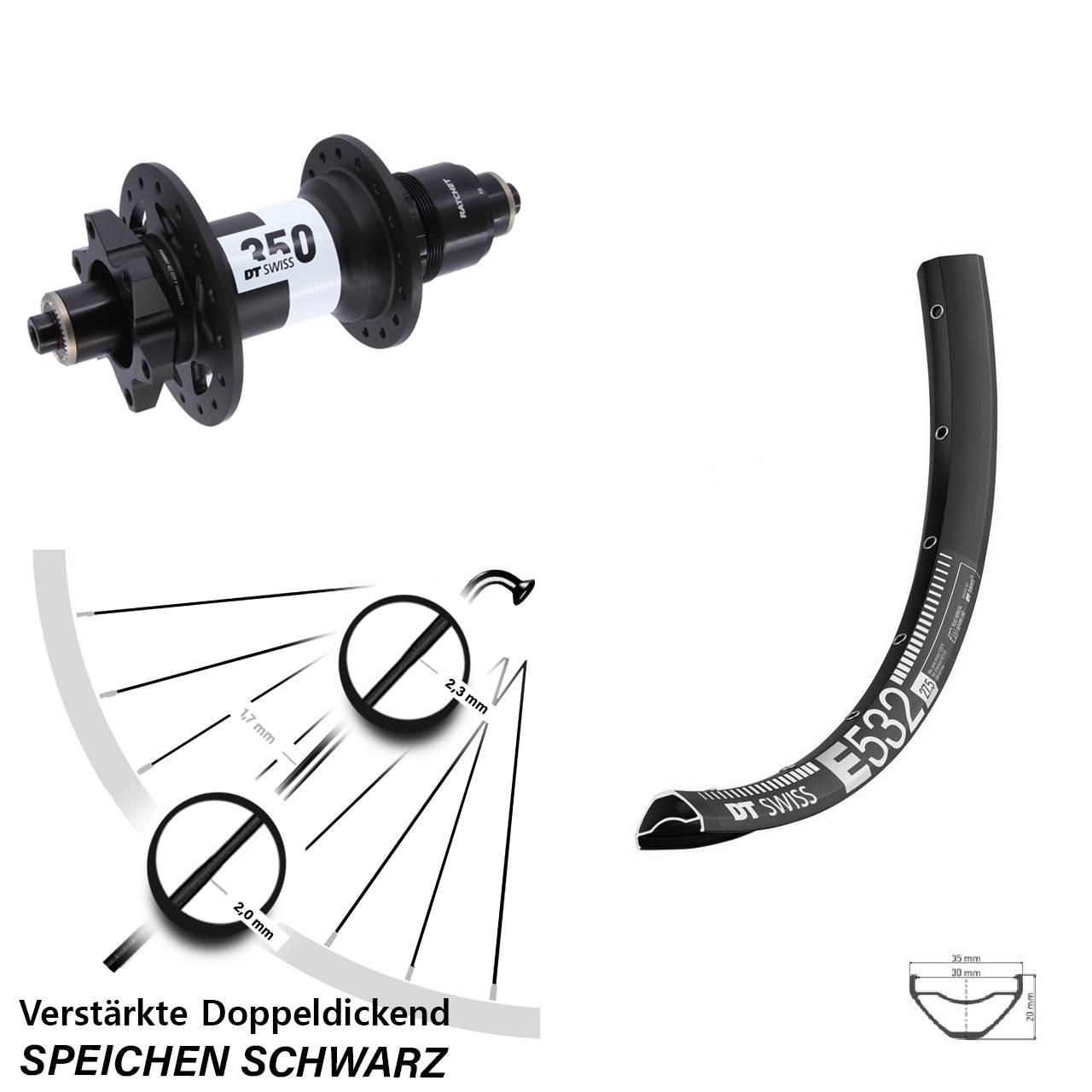 27,5 Zoll DT Swiss E 532-350 Hinterrad für Schnellsp. XD 11-12 fach