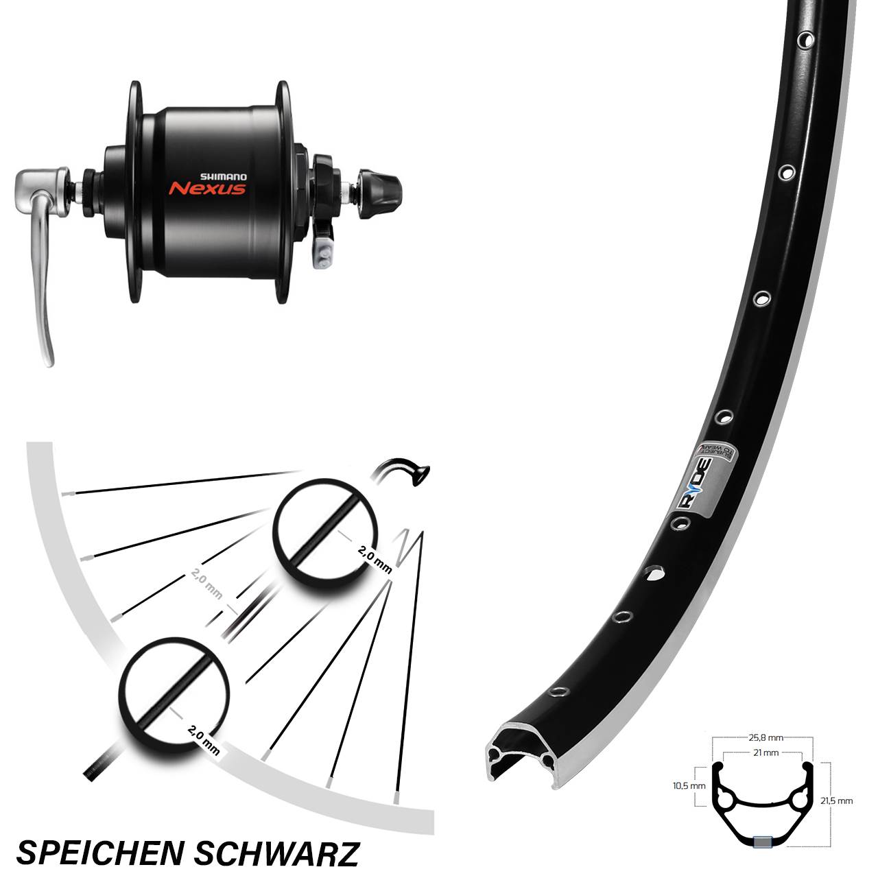 28 Zoll Ryde ZAC 421 Shimano Nexus DH-C3000 Vorderrad mit Nabendynamo für Schnellspanner