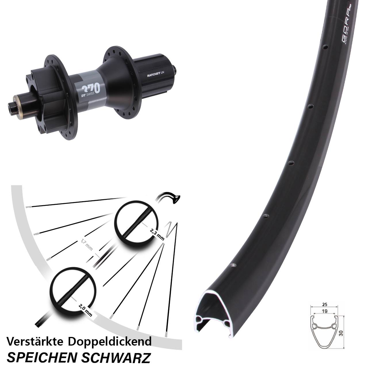 28 Zoll Gora Plus DT Swiss 370 Hinterrad 6-Loch für Schnellspanner 8-11 fach HG