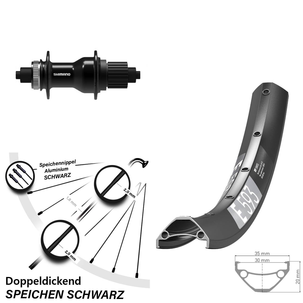 Disc Laufrad 650B DT Swiss E593 Shimano FH-QC500 Micro Spline für Schnellspanner