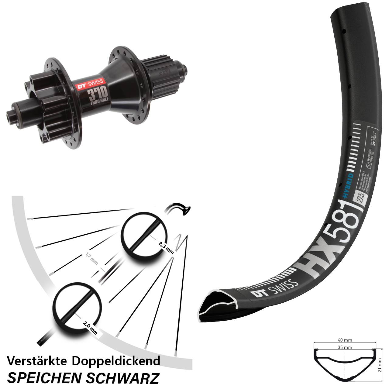 Hinterrad 6-Loch QR 27,5 Zoll DT Swiss HX581 DT Swiss 370 Shimano Micro Spline