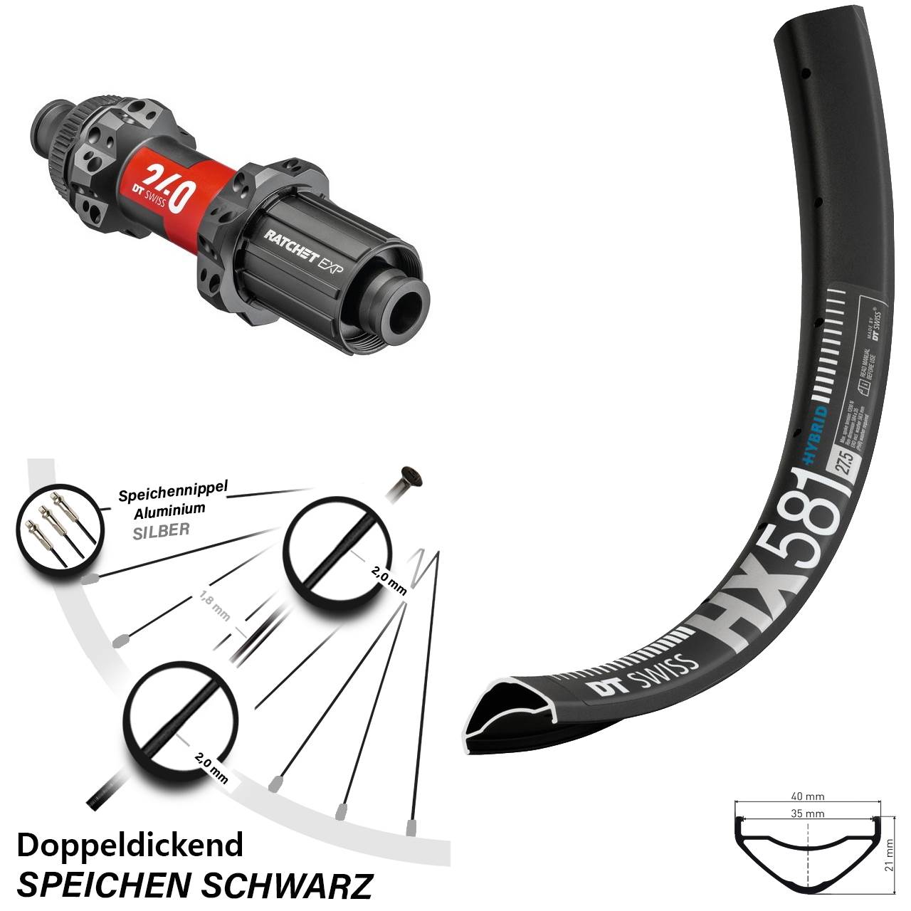 DT Swiss HX581-240 EXP Straightpull CL Boost Hinterrad 27,5 Zoll Shimano HG 8-11 fach