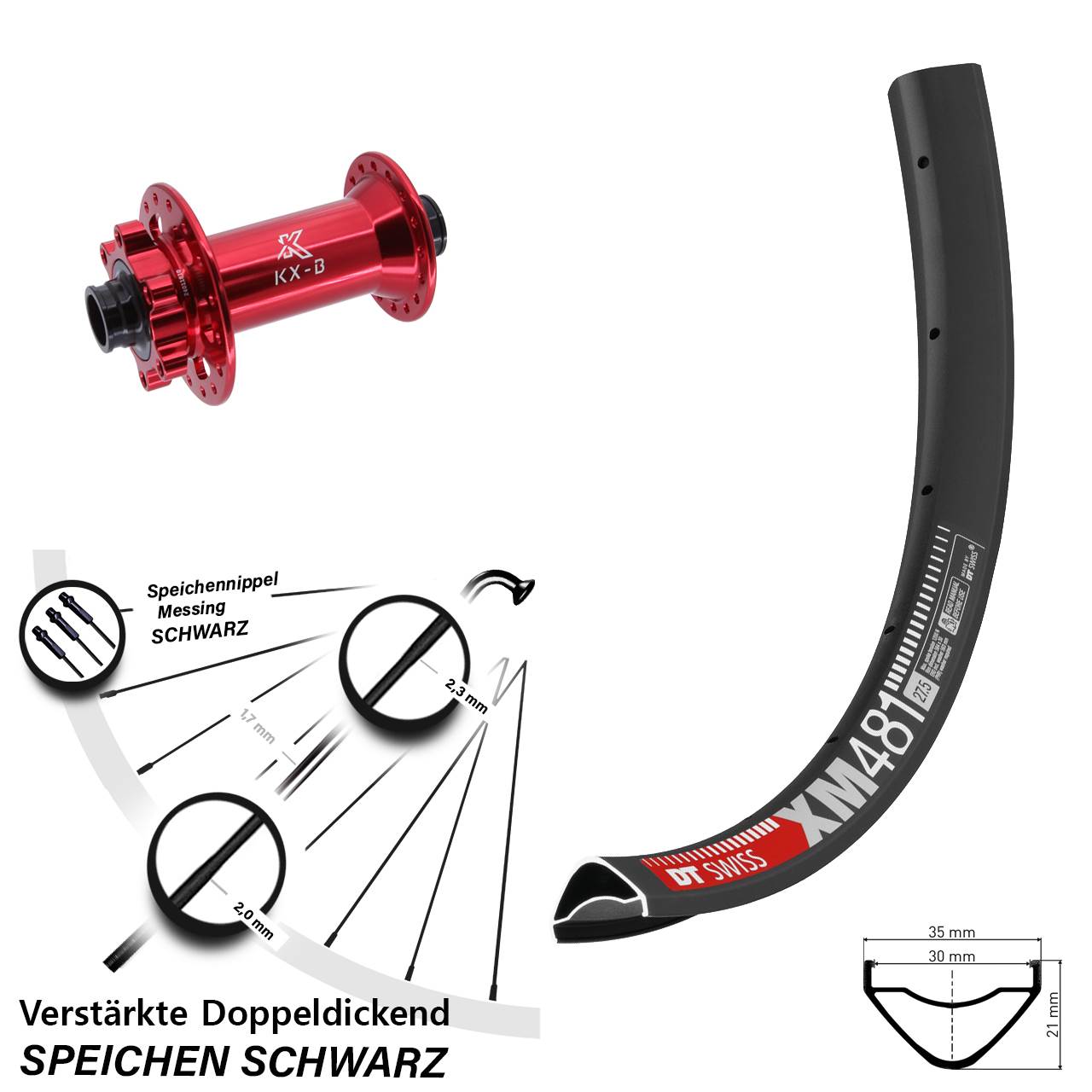 Vorderrad 6-Loch 27,5 Zoll DT Swiss XM 481 KX-B rot 15x110 Boost
