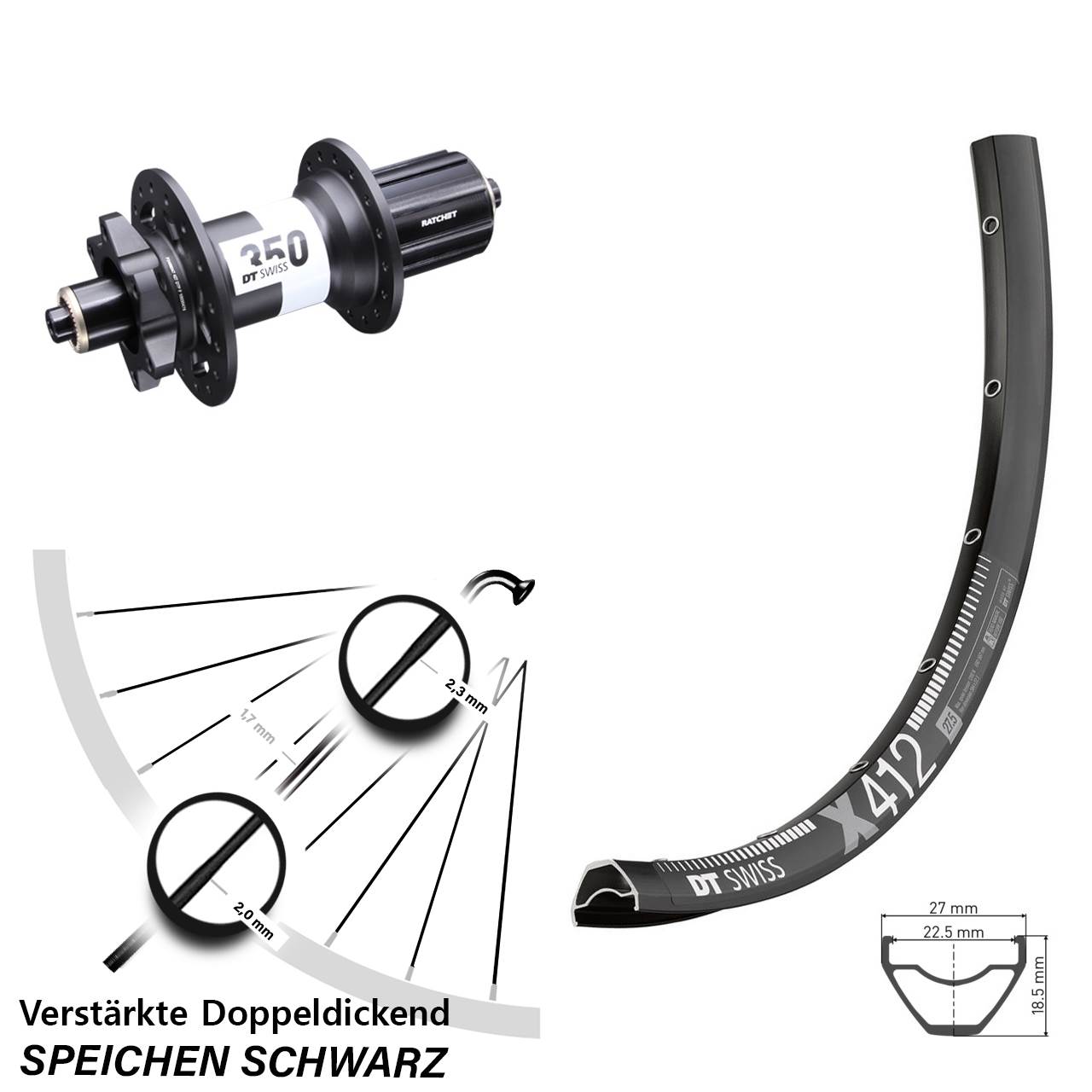 DT Swiss X 412-350 Ratchet 36 Disc 29 Zoll Laufrad für Schnellspanner 8-11 fach HG