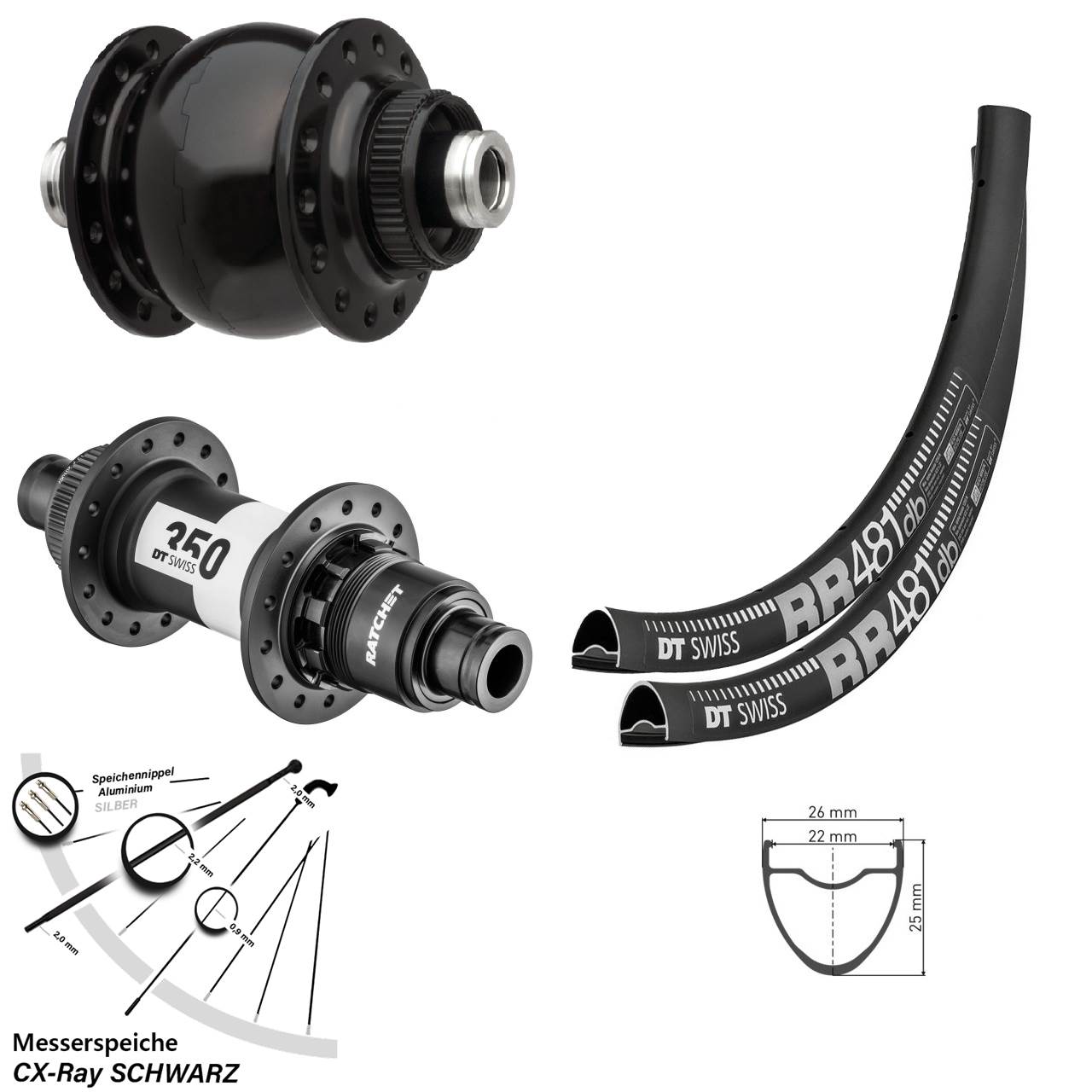 Disc Laufradsatz DT Swiss RR481-350 Ratchet 36 SON 28 Zoll XDR 12x100/142 CX-Ray