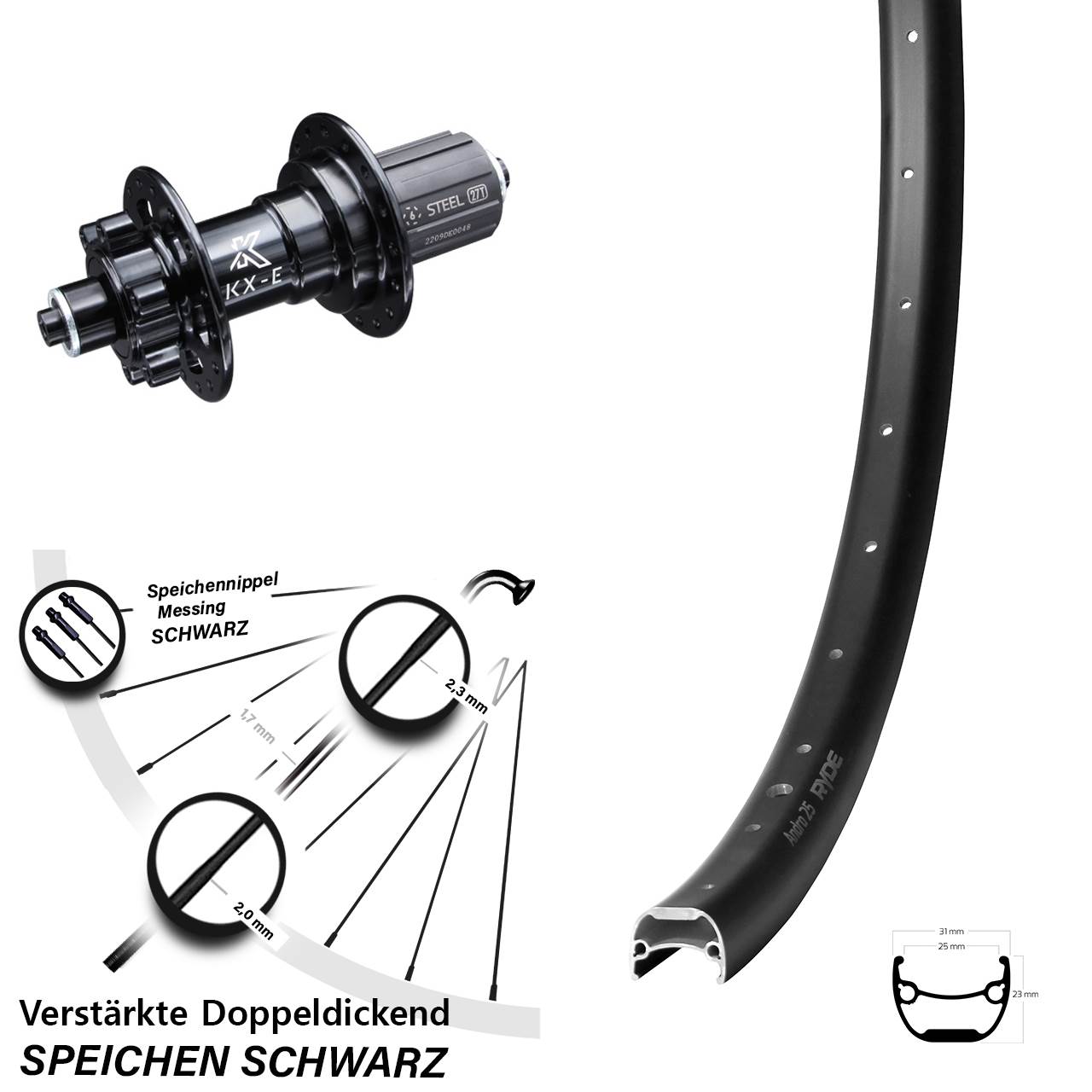28 Zoll Ryde Andra 25 KX-E Hinterrad 6-Loch für Schnellspanner 8-12 fach