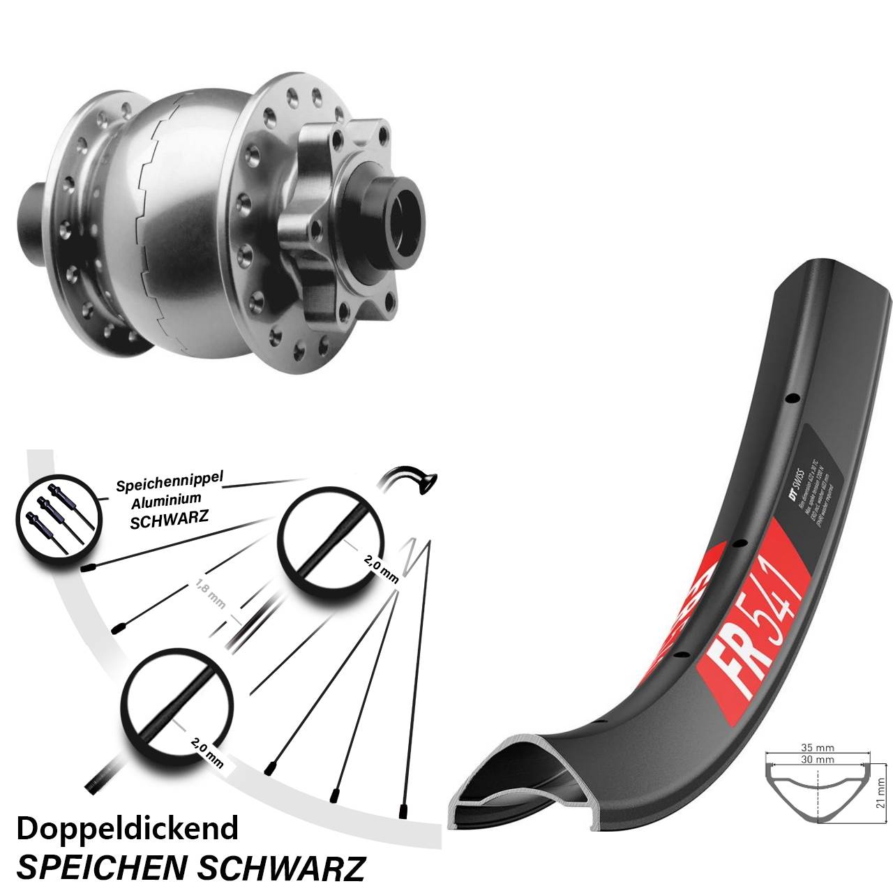 Disc Vorderrad mit Nabendynamo 27,5 Zoll DT Swiss FR 541 SON 28 silbern 15x100