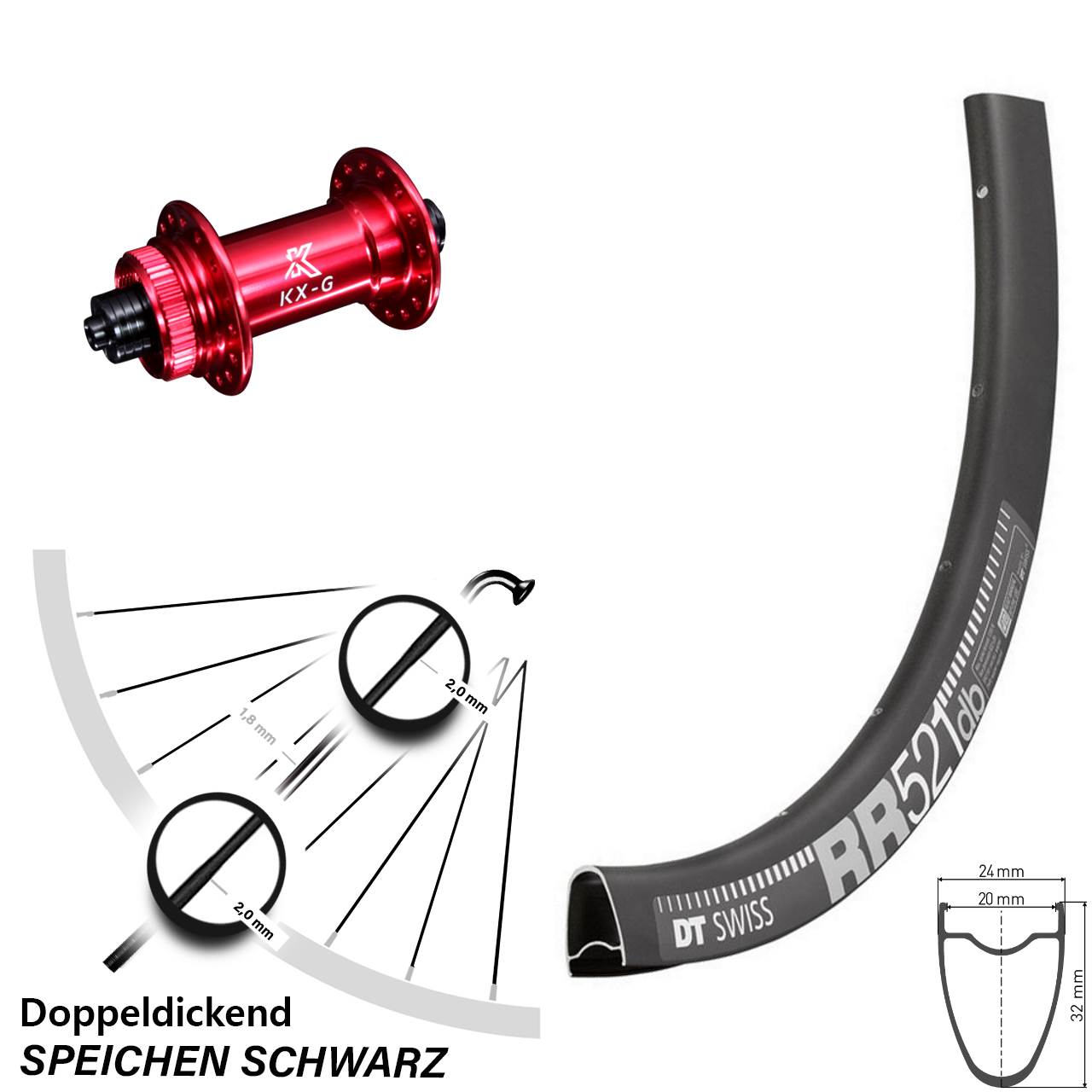 Vorderrad 28 Zoll DT Swiss RR 521 DB Nabe rot-eloxiert KX-G für Schnellspanner
