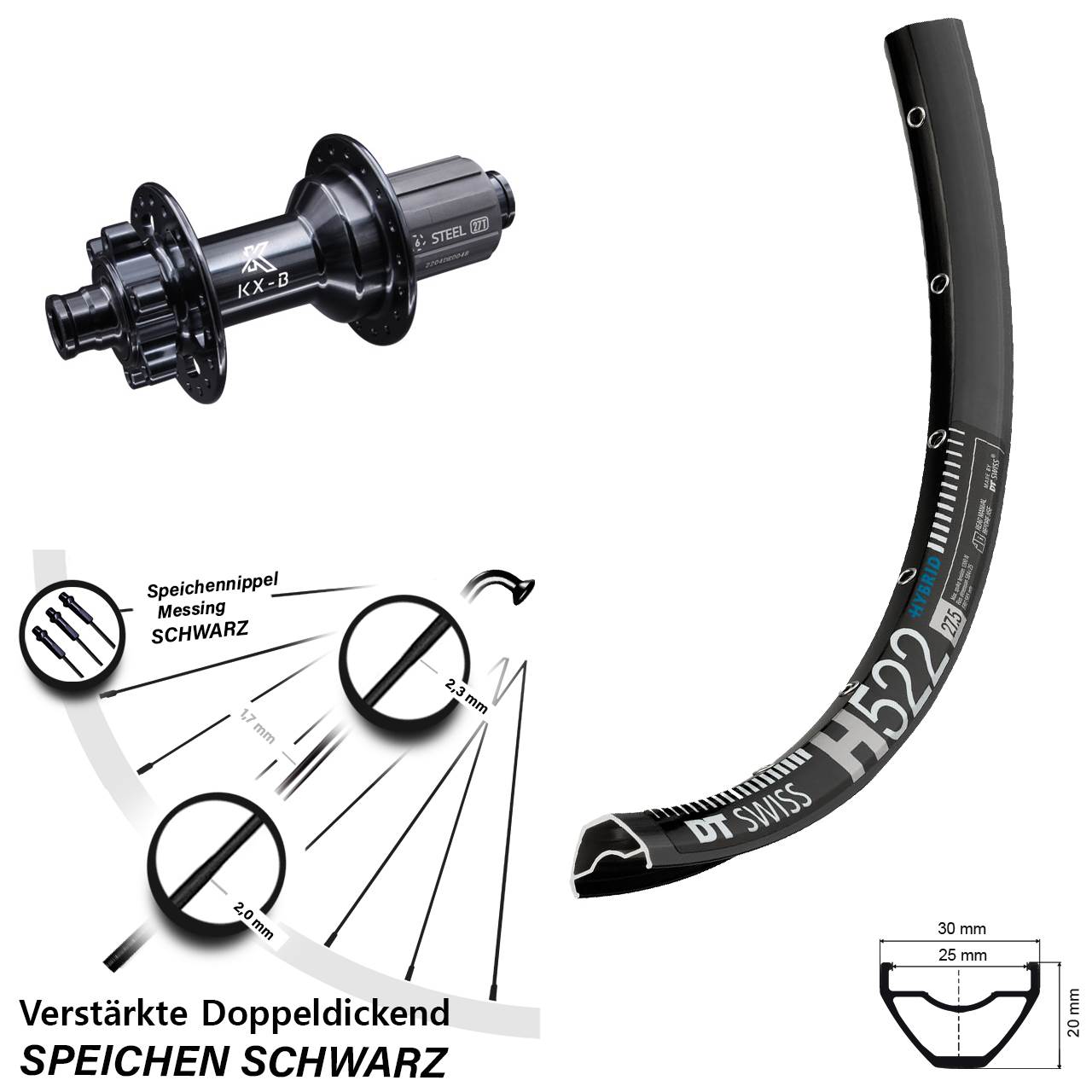 29 Zoll Hinteres Rad E-Bike DT Swiss H 522 mit KX-B 12x148 mm Boost 6-loch