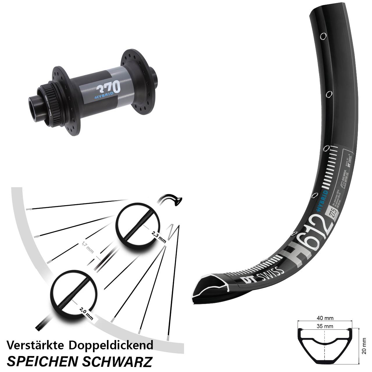 Centerlock Vorderrad 27,5 Zoll DT Swiss H 612 - 370 Hybrid 15x110 Boost